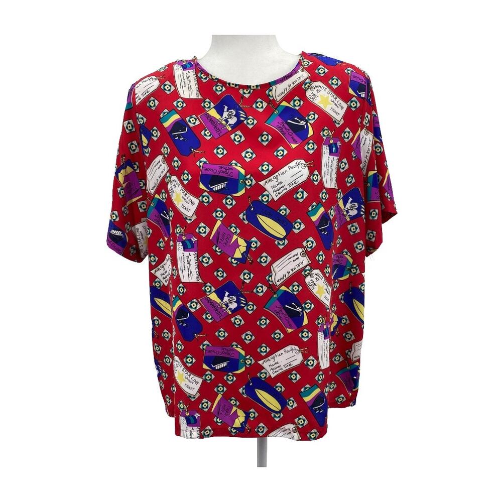 Vintage 90s Travel Print Blouse Women 16 Red Cruise Shirt USA